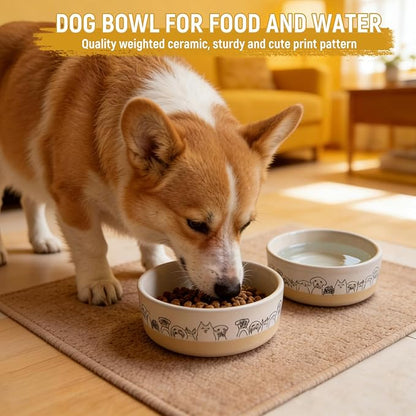 Ceramic Dog Bowls Set of 2，6.1inch Wide Dog Food Bowl with Cute Patterns Printing for Small Medium and Large Breed Dogs,Weighted Pet Feeding Dishes for Food and Water Dishwasher Safe