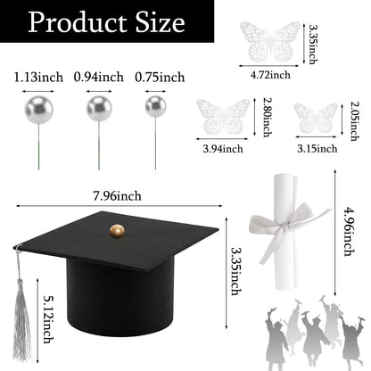 Heliltd 40PCS Graduation Cake Topper Set Black and Silver, Graduation Cake Decorations Kit with Cap Diploma Butterfly Ball Picks Flowers Firework Toppers Girl Silhouette for Class of 2026 Party