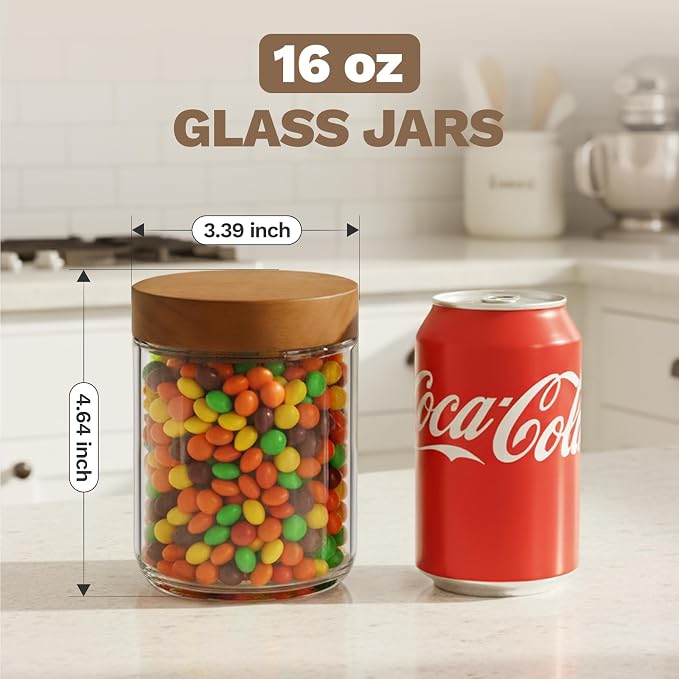 Bumobum 16 oz Overnight Oats Containers with Lids, Glass Mason Jars with Acacia Wood Airtight Lid, Wide Mouth Glass Canisters for Food Storage Chia Pudding Snacks Yogurt Spice Meal Prep, 2-Pack