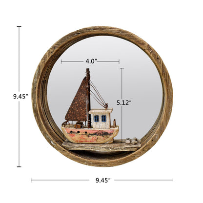 Nautical Wood Wall Decoration Hanging Circle Mirror Sailboat Sign Wooden Sailing Boat Rustic Home Decor Ocean Wall Art Beach Themed Ornament for Door