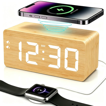 URAYCO Wood Digital Alarm Clock with 10W Fast Wireless Charger, USB Charging Ports, DST, Dimmable, Snooze, Large Number LED Display for Bedrooms, Desk, Living Room Table, Bedside, Nightstand (Bamboo)