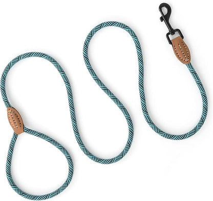 Mile High Life Small Dog Leash, Thin Rope Leash with Genuine Leather Connection and Heavy Duty Metal Clasp, Great for Small Medium Dogs(Turquoise Green, 72 Inch-1/3)