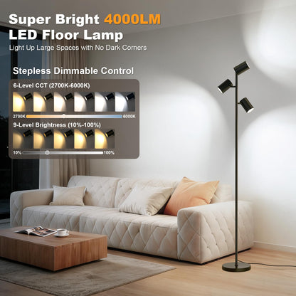 4000LM LED Tree Floor Lamp, 36W Super Bright Reading Lamp with Remote, Dimmable Tall Standing Light with 3 Rotatable Heads & 6 Color Temperatures, Modern Floor Lamps for Living Room Bedroom Office