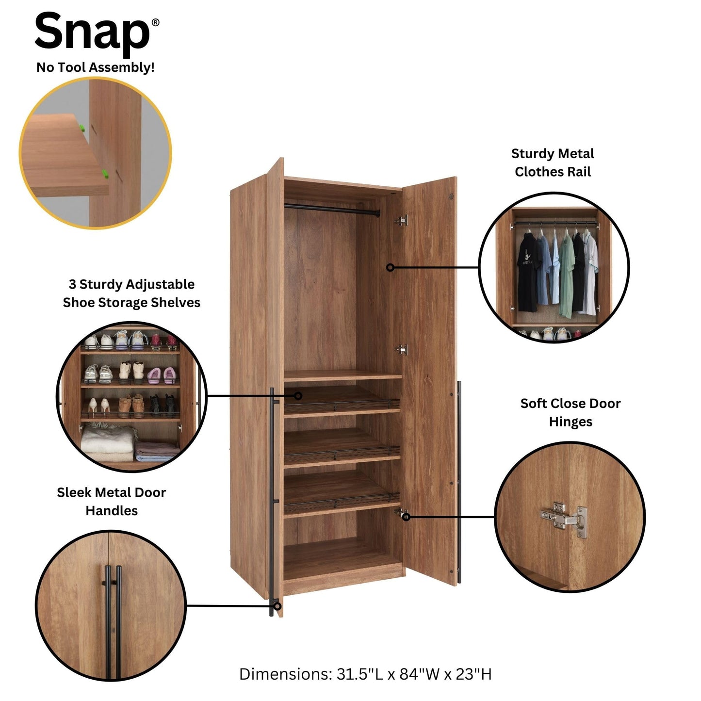 Manhattan Comfort Lee Modern Freestanding Closet 3.0 | Space-Saving Design with 3 Hanging Rod, 9 Shoe Shelves & 3 Basic Shelves | No Tool Assembly Storage Cabinet, 3 Piece Set, Golden Brown