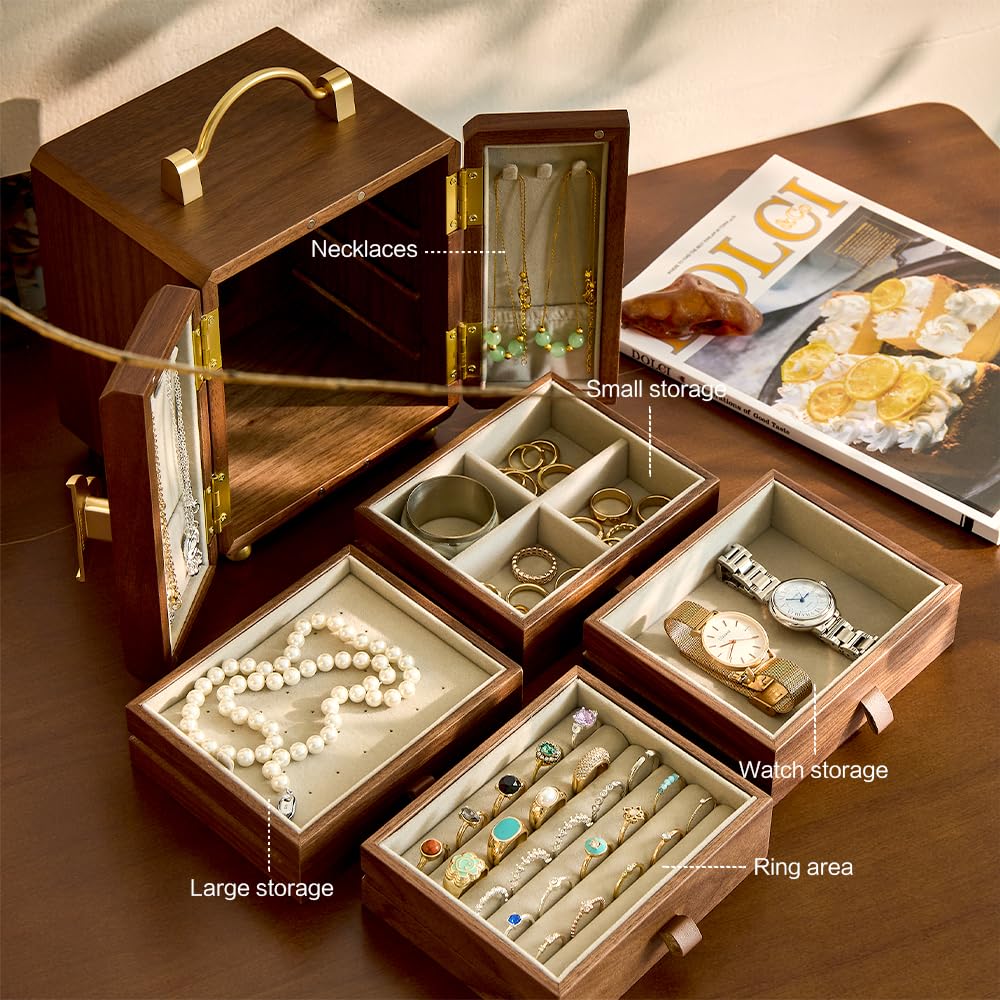 Wenseny Black Walnut Jewelry Organizer - Wooden Jewelry Box with Gold Handle & Mirrored Flowers, 4 Layers of Storage - Ideal for Women (Brown)