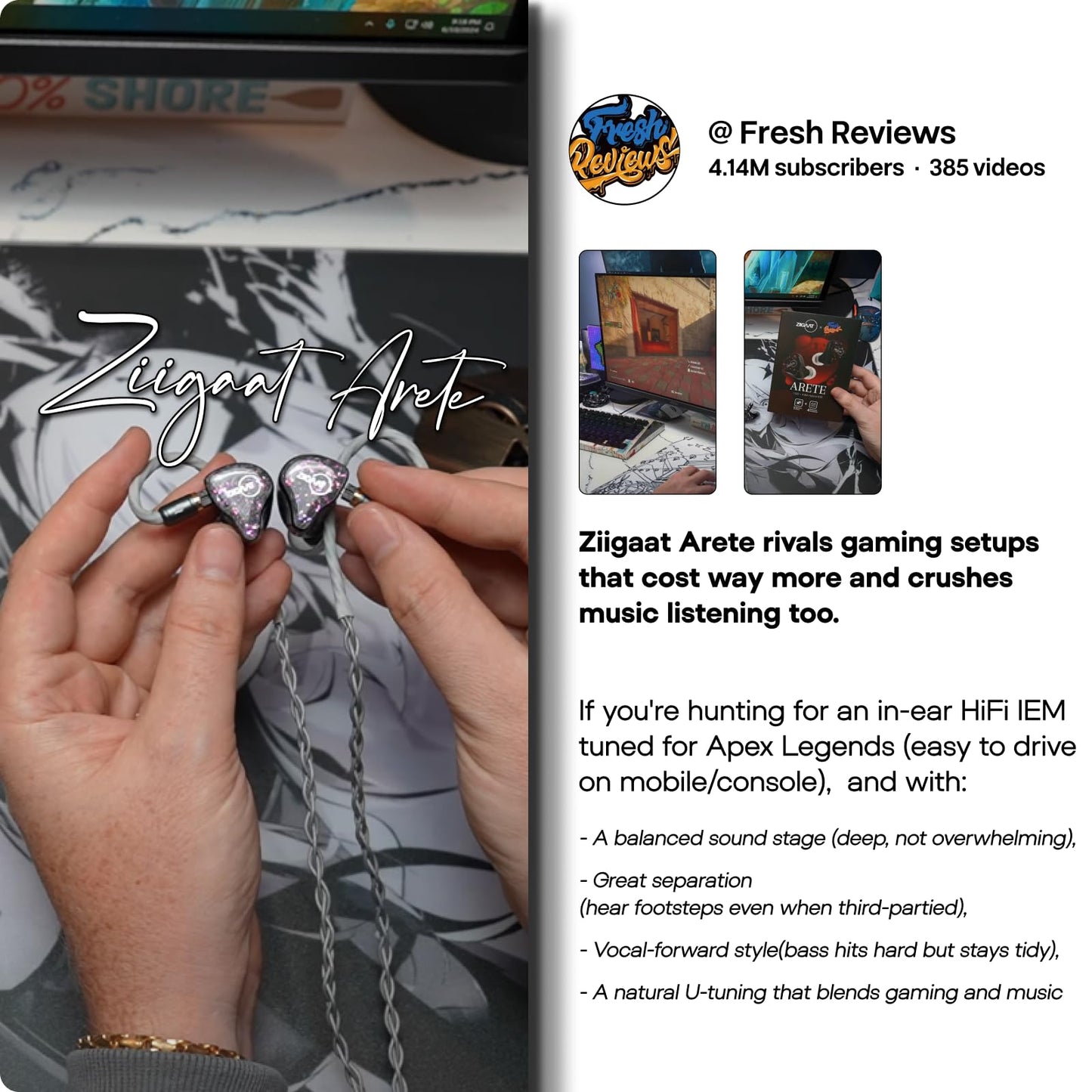 Linsoul ZiiGaat x Fresh Reviews Arete in Ear Monitor, 1DD+4BA Hybrid Earphone IEM, Wired Gaming Earbuds, Studio Monitor Tunning, with Detachable IEM Cable for Musician Audiophile(Black)