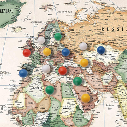 Renditions Gallery Colorful World Map Canvas Wall Art with Charcoal Black Frame Wall Hanging Travel Map with Push Pins for Home, Office, Classroom
