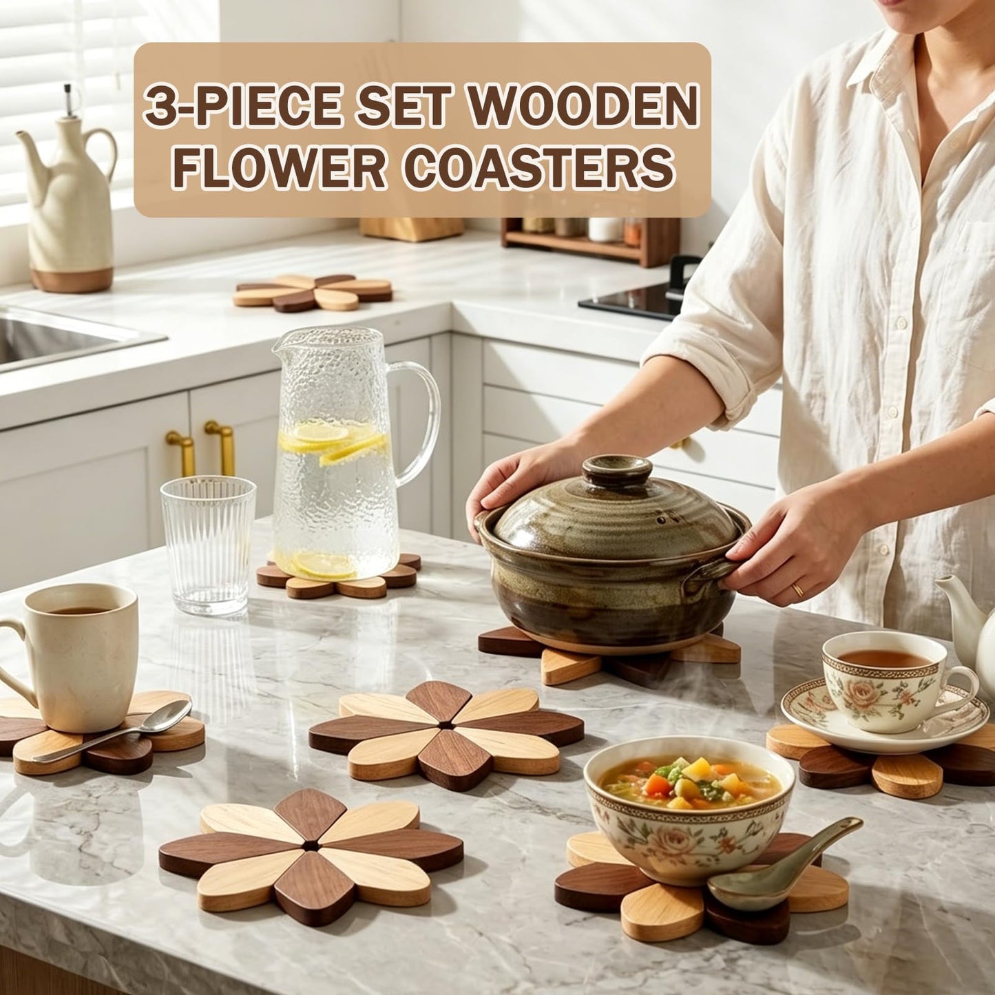Wooden Trivets for Hot Dishes, 3-Piece Foldable Sunflower Coaster Set with Tree Stand, Heat Resistant Pot Holders for Pots, Pans and Countertops