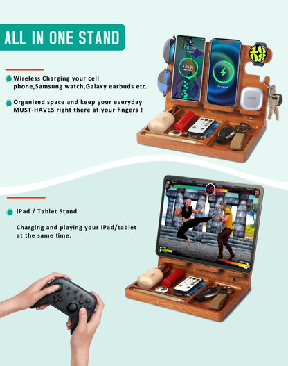 Desk Organizer with 4 Wireless Charging Station for Samsung Devices,27W Dual Wireless Charger Fast Charging for 2 Phones,Galaxy Watch 7/6/5/4/3/2,TWS Box,Wood Phone Docking Station,Gifts for Men Dad