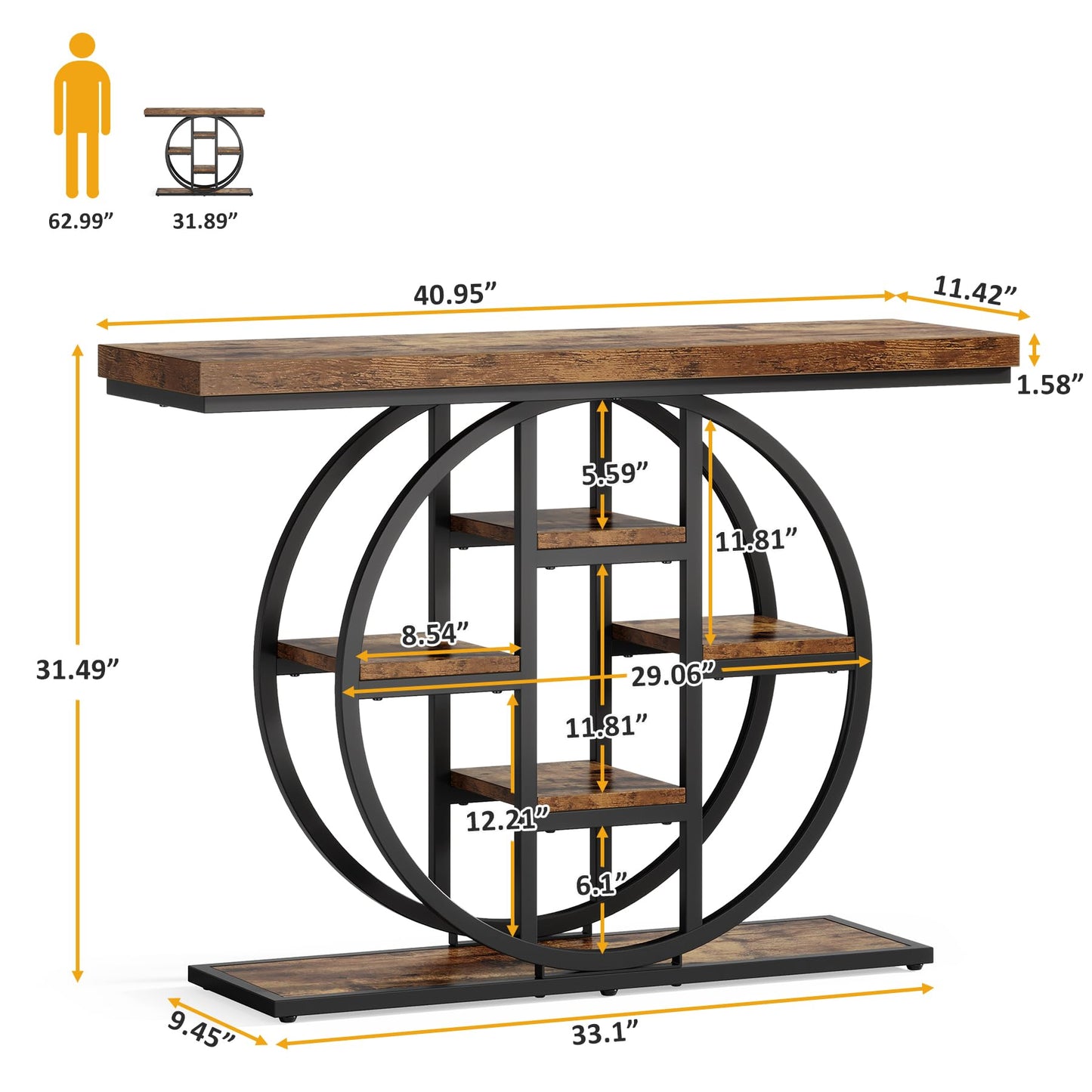 Celaform 41" Console Table for Entryway, 4-Tier Industrial Narrow Wood Sofa Accent Tables with Circle Storage Shelves for Living Room, Hallway, Foyer (Rustic Brown)