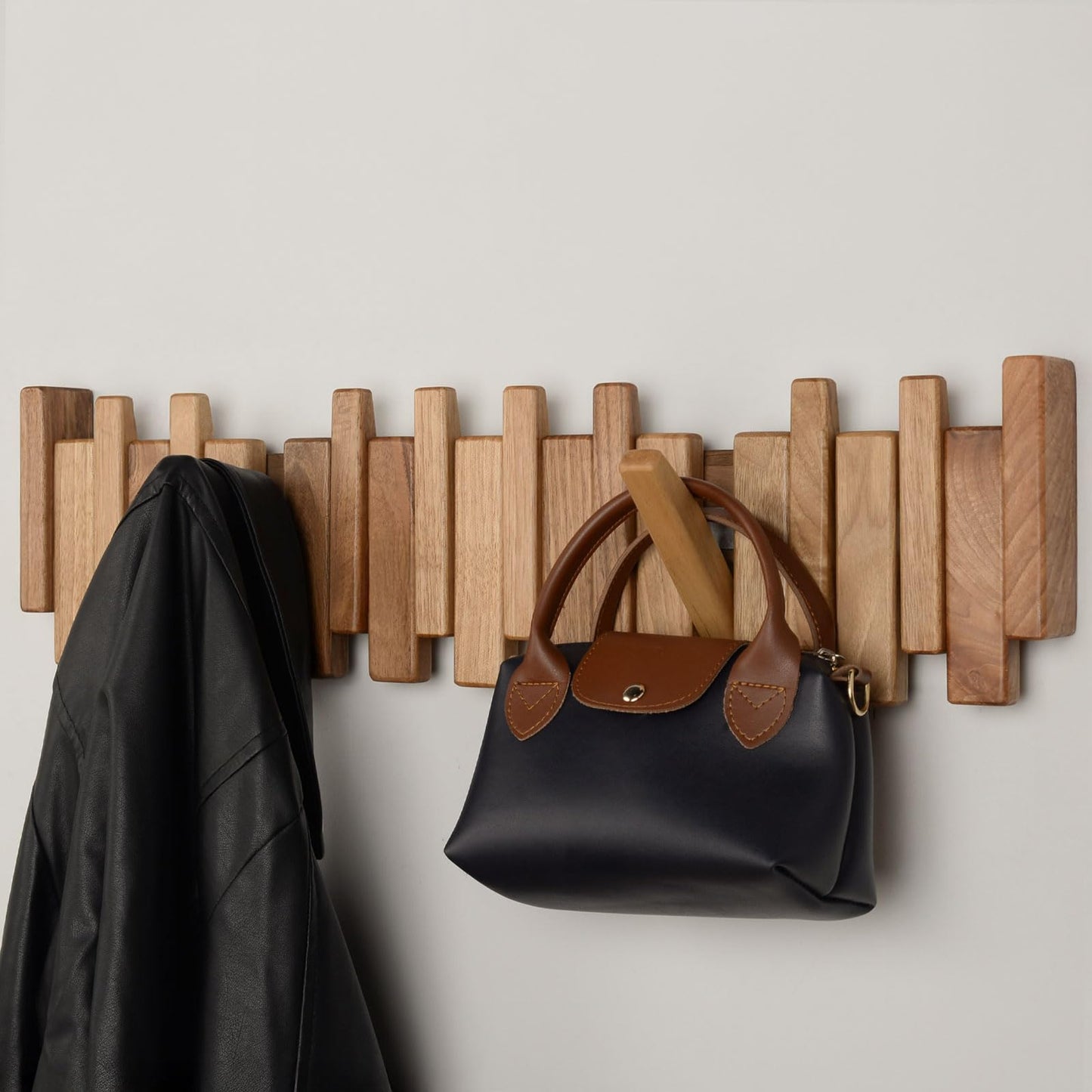 TEXAS BEST GIFT Solid Walnut Piano Key Coat Rack – 10-Hook Wall-Mounted Flip Hook Rack – Minimalist Wooden Hanger for Entryway, Bedroom, Office