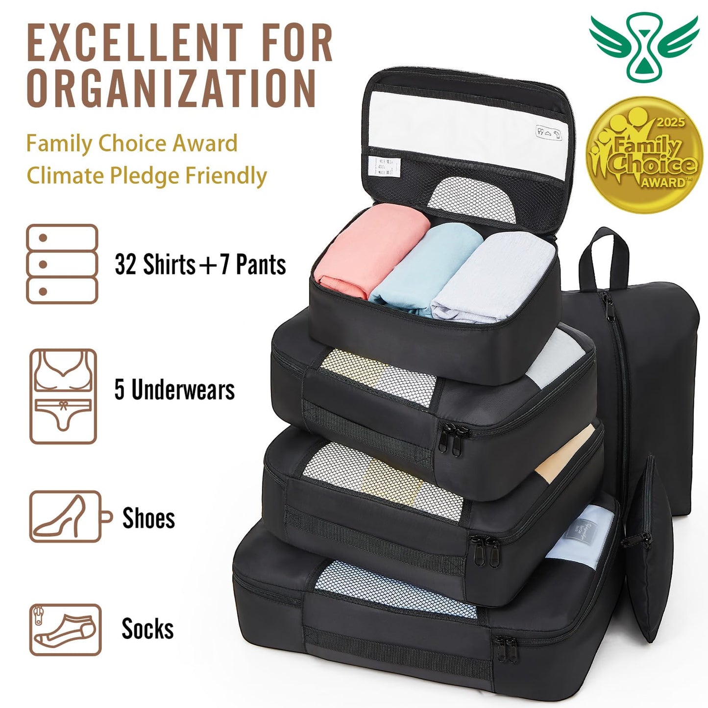 Veken 8 Set Packing Cubes for Travel Essentials, Suitcase Organizer Bags Set for Luggage, Road Trip Travel Accessories in 4 Sizes (Extra Large, Large, Medium, Small), Black