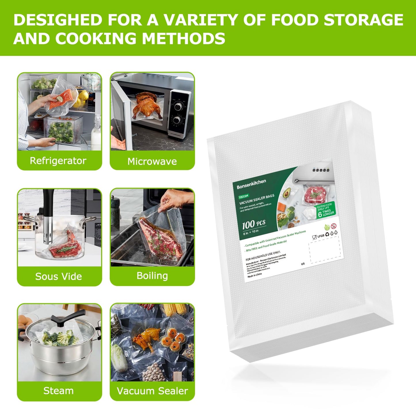 Bonsenkitchen Precut Vacuum Sealer Bags 200 Quart 8" x 12", BPA Free, Commercial Grade Textured Food Vacuum Sealer Bag, Thick Embossed Bags for Storage and Sous Vide Cooking VB3208