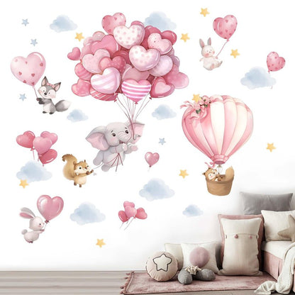 Animals Balloon Wall Stickers for Nursery: Baby Girls Kids Boys Bedroom Wall Decals - Pink Hot Air Balloon Elephant Fox