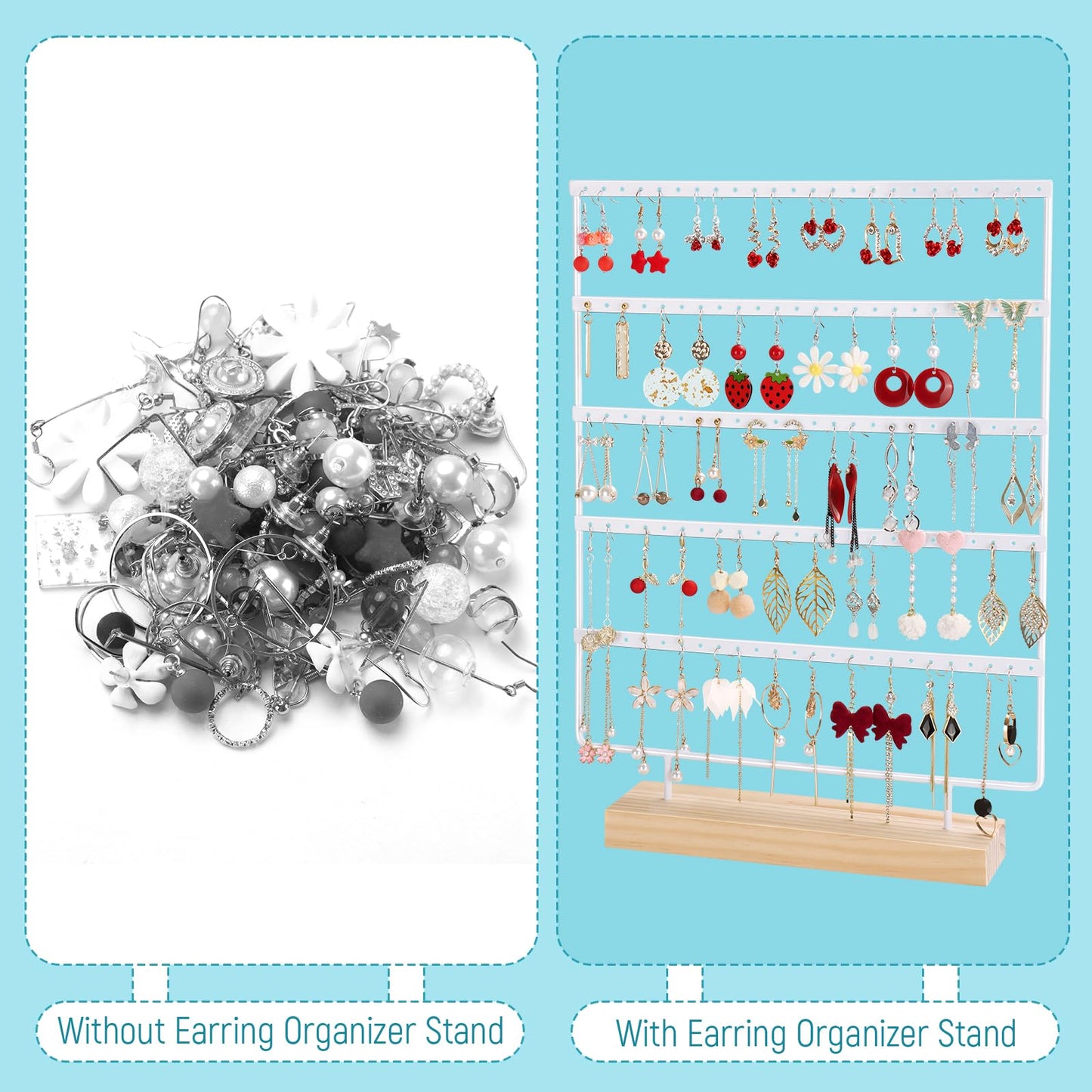 shidaishiye Earring Holder Organizer, 5-Tier Earring Organizer with 60-Pair Capacity, Wooden Base Metal Earring Display, Jewelry Storage & Display for Home Store, Suitable for Women