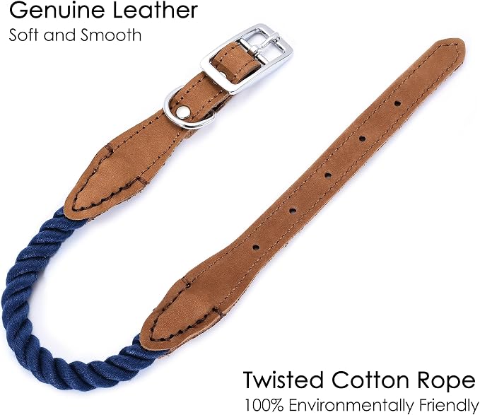 Mile High Life Genuine Leather Dog Collar, Durable Braided Cotton Rope Collar with Metal Pin Buckle for Small Medium Large Dogs (Navy Blue, M Neck 15"-18")