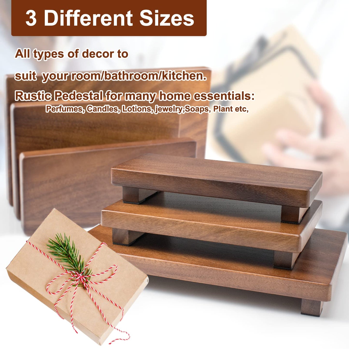 kulusion Walnut Wood Pedestal Stand, Wooden Soap Tray Farmhouse Decor Wood Riser Display for Bottle Plant Makeup Tissues Candles Towels Jewelry (Medium, 9 x 5.9 x1.57Inch)