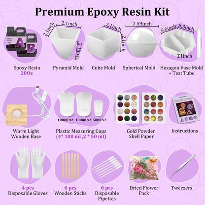 K KERNOWO Epoxy Resin Kit with Light for Beginners, Resin Kit and Molds Complete Set DIY Crafts for Adults Women, Epoxy Set with Vase Mold, 3D Dried Flowers, Measuring Cups and Resins Supplies-20OZ