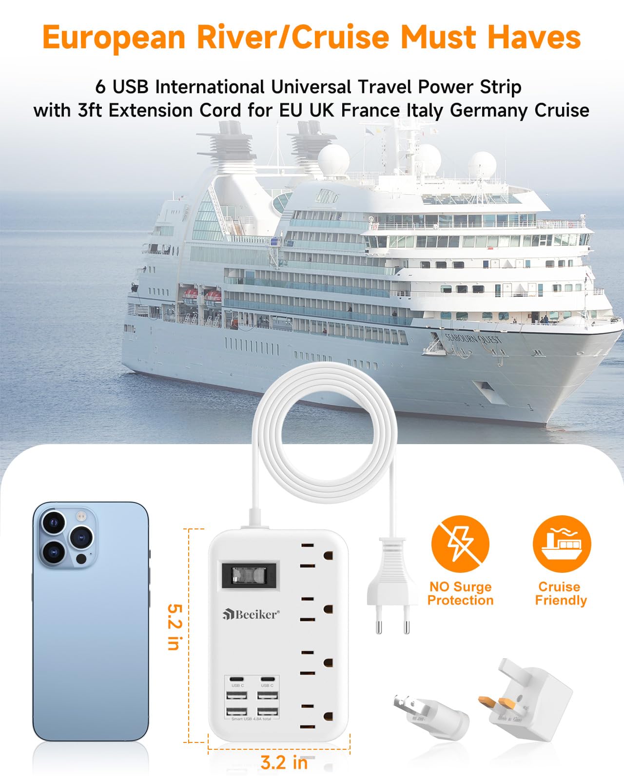 6 USB(2 USB C) Purple Travel Power Strip- 5Ft Lavender Extension Cord with 24W USB Charging Station and 4 Outlets, Purple Desk Accessories with Surge Protector for Cute Kawaii Office Dorm Room