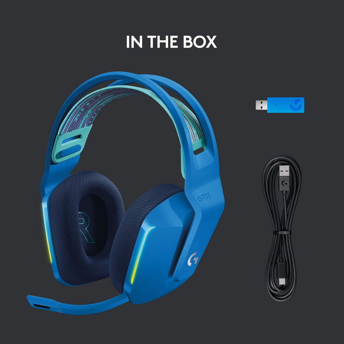 Logitech G733 Lightspeed Wireless Gaming Headset with Suspension Headband, LIGHTSYNC RGB, Blue VO!CE mic Technology and PRO-G Audio Drivers - Blue