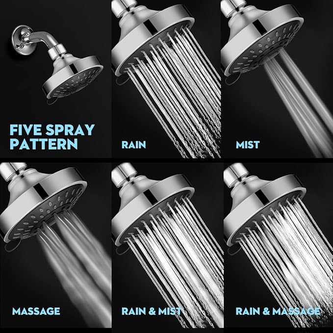 WarmSpray High Pressure Shower Head 5 Settings Fixed Showerhead 4 Inch High Flow Bathroom Showerhead with Adjustable Brass Ball Joint for Luxury Shower Experience Even at Low Water Pressure