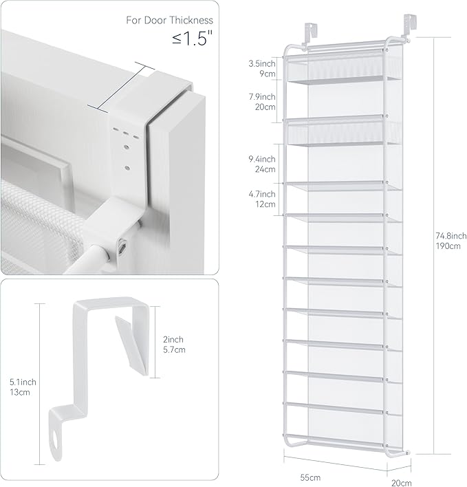 Whitmor 27 Pair Over The Door Shoe Organizer, 11 Tier Hanging Shoe Organizer