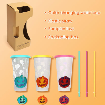Ftabernam Halloween Color Changing Cups, 3-Pack 24 oz Plastic Cups with Lids and Straws, Tumblers and Water Glasses for Adults, Kids Party, Cute Cup for Ice Drink
