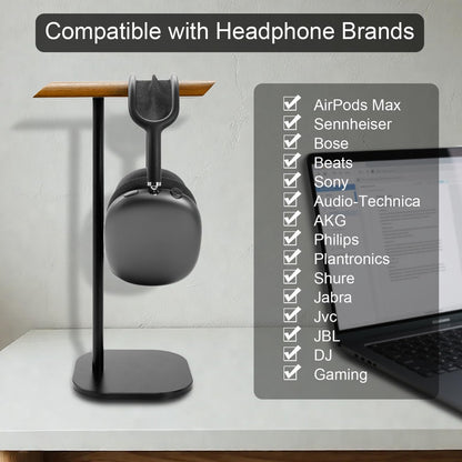 GEVO Headphone Stand for Desk, Walnut Wood & Aluminum Headset Stand, Universal Walnut Gaming Headset Holder with Solid Heavy Base for AirPod Max, Bose, Sony All Headphone Sizes (Square Base)