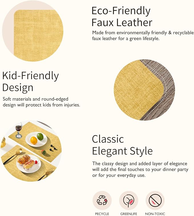 Maxpearl Faux Leather Placemats Set of 6 - Waterproof - Wipe Clean - Heat Resistant - Anti Slip Dining Table Place Mats, Suitable for Indoor & Outdoor Use, 17’’×12’’, Yellow