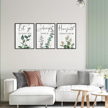 Inspirational Wall Art Office Decor: 3 Piece Motivational Quotes Wall Art 12"x16",Accept Let Go Have Faith Wall Decor for Office,Eucalyptus Pictures Framed Hanging Inspirational Posters for Bedroom