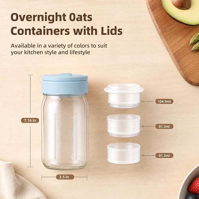 TQRR 32 OZ 4 Pack Overnight Oats Containers with Lids, Glass Storage Jar with Dry and Wet Separation, Leakproof Wide Mouth Mason Jars, Glass Jars with a Handle for Salads,Yogurt (2, Blue & Purple)