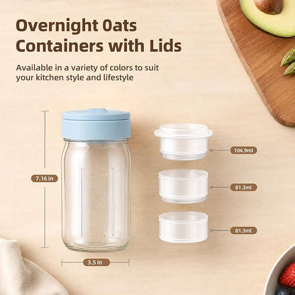 TQRR 32 OZ 4 Pack Overnight Oats Containers with Lids, Glass Storage Jar with Dry and Wet Separation, Leakproof Wide Mouth Mason Jars, Glass Jars with a Handle for Salads,Yogurt (2, Blue & Purple)