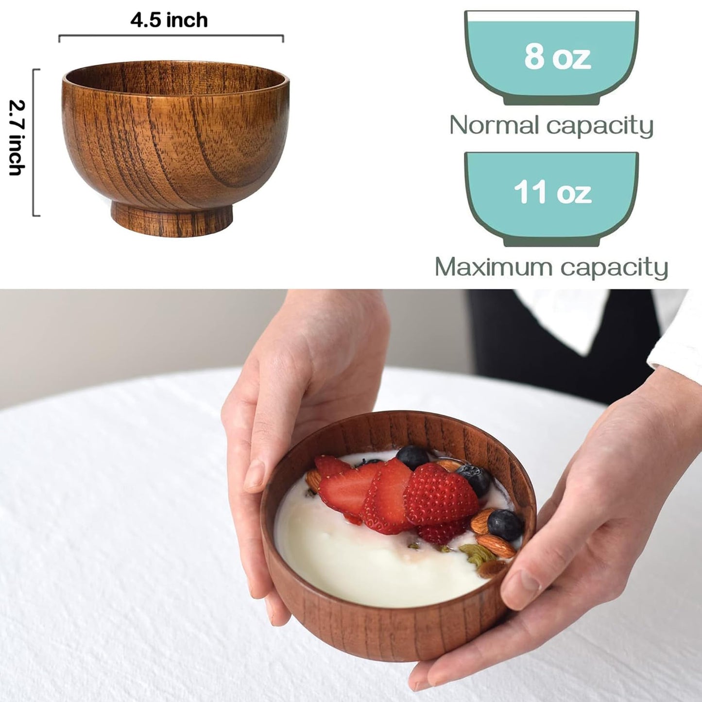 Kanhaom Small Wooden Bowls and Spoons, 10oz. Portion Control Bowls for Snack, Dessert, Japanese Serving Bowls for Rice, Soup, Solid Wood Bowls for Decor (4 Bowls - 4.1IN)