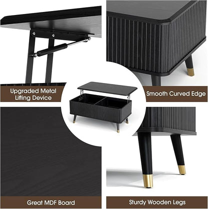 Lift Top Coffee Table with Storage, Modern Coffee Table with Solid Wood Legs, 38" Minimalist Fluted Center Table for Living Room, Home Office, Black