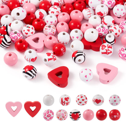 Beadthoven 180pcs Heart Wooden Beads 16 mm Round Wooden Craft Beads DIY Valentine’s Day Beads Natural Loose Spacers Handmade Red Pink Tassel Garland Beads for DIY Crafts Party Jewelry Making Supplies