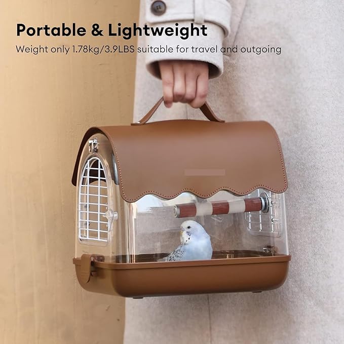 Parakeet Cage,Accessories, Bird Carrier Backpack with Perch, Transparent Travel Cage Bag with Shade Cover Visible Window for Parrots Budgie Small Birds(Brown)