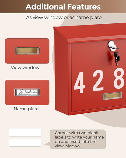 LAND·VOI Locking Wall-Mount Mailbox for Outside, with 4 Keys, Galvanized Steel Rustproof Metal Postbox, 4" Dx13.8 Wx11.2 H, Includes 3 Sets of Mailbox Numbers, Nameplate, Red