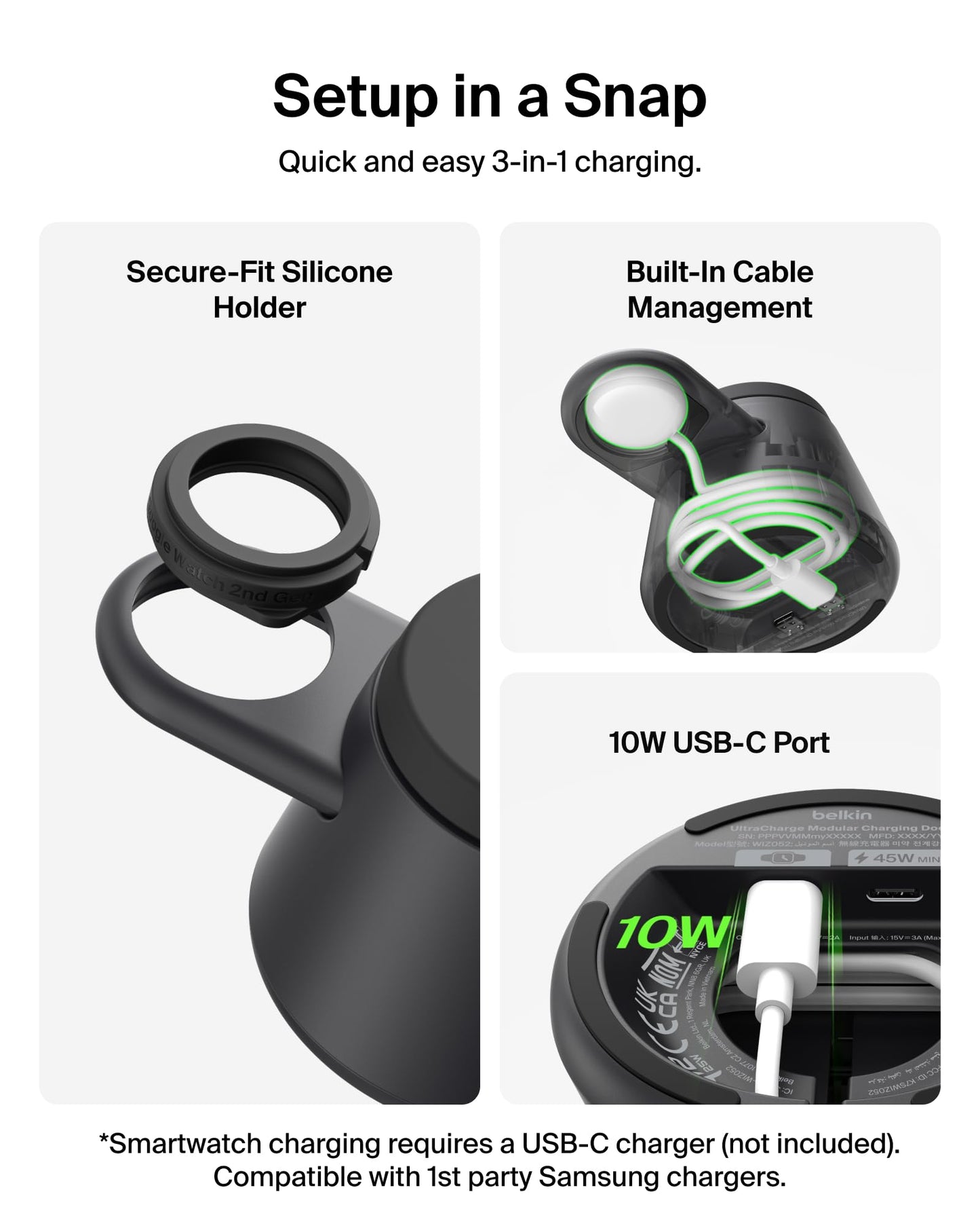 Belkin 3-in-1 Wireless Charging Station for Samsung Galaxy S26, Android - Qi2.2 25W Magnetic Charger for Pixel 10, iPhone 17, USB C Port for Galaxy, Pixel, & Apple Watch (Watch Charger Not Included)