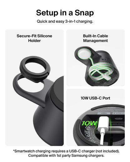 Belkin 3-in-1 Wireless Charging Station for Samsung Galaxy S26, Android - Qi2.2 25W Magnetic Charger for Pixel 10, iPhone 17, USB C Port for Galaxy, Pixel, & Apple Watch (Watch Charger Not Included)