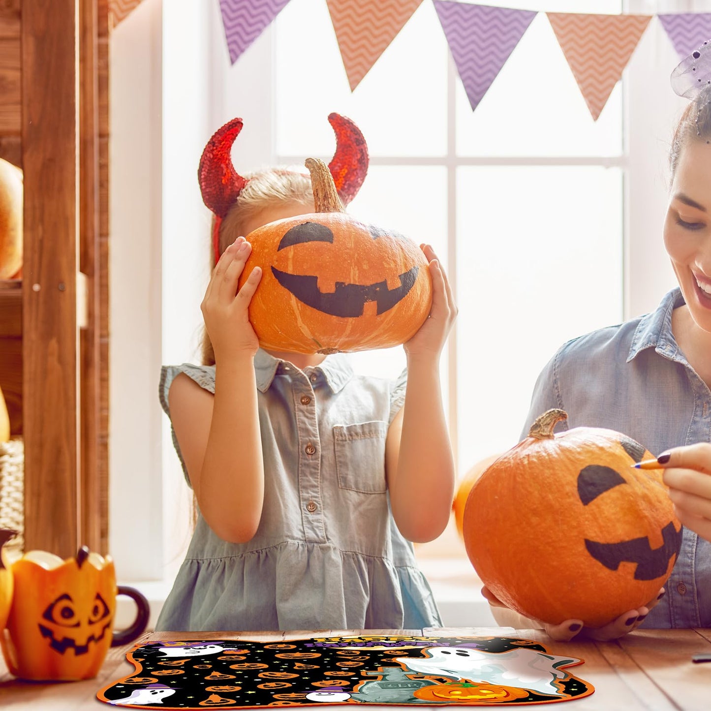 Sunnychicc 6 Pcs Placemats Plastic Happy Table Mats Waterproof Placemat for Kitchen Home Table Party Decoration, 11.81 x 15.75 Inch (Halloween)