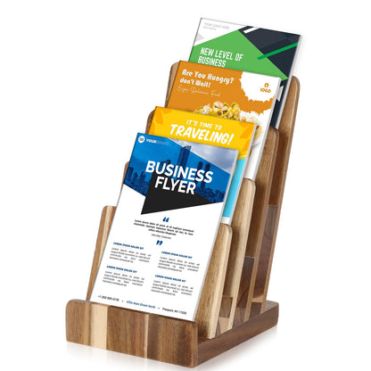 HKSZEH 4 Tier Acacia Wood Brochure Display Stand 6 x 9 inch Brochure Holder Pamphlet Display Stand for 5.5 x 8.5 inch 5 x 7 inch Booklets Menus Postcard Holder Multi Purpose Organizer