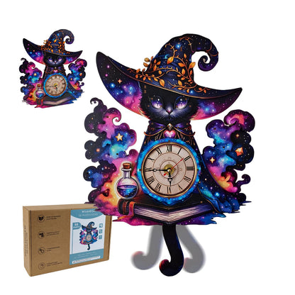 NIUNIUAMY 3D Wooden Puzzle Clock DIY Mechanical Model Kit, Wooden Desk & Wall Clock with Pendulum, Adult Crafts Model Clock Kit, Laser Cut Wood Assembly, Fantasy Cat Wizard Galaxy Decor, Unique Gift