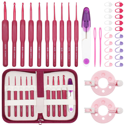 VASTRISE 34PCS Crochet Hooks Set,9 Sizes 2.5-6 mm Red Gradient Aluminum Ergonomic Soft Handle Crochet with Case and Crochet Kit for Beginners Adults for Arthritic Hands Crochet Needle Set (Red)