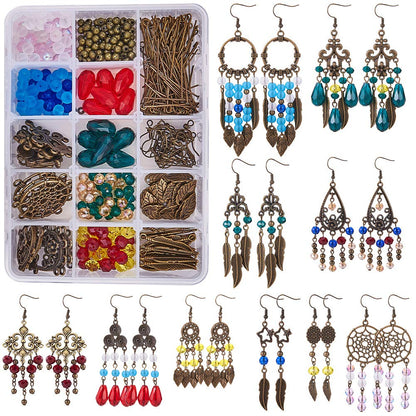 SUNNYCLUE 1 Box DIY 10 Pairs Chandelier Bohemian Earring Making Kit Earring Connector Feather Charms for Jewelry Making Kit Faceted Glass Beads Dream Catcher Links Leaf Assorted Bead Instruction