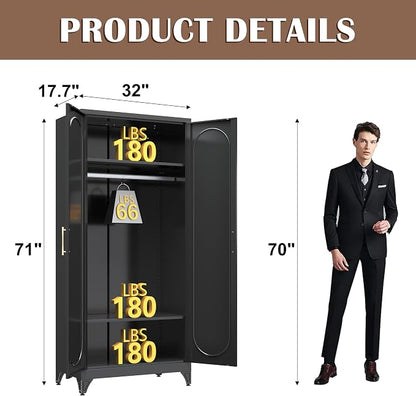 SteeLoong 71" Metal Armoire Wardrobe Closet with Doors,Tall Clothing Storage Cabinet with Adjustable Shelves and Hanging Rod,Black Wardrobe Closet for Bedroom,Home,Office,Gym