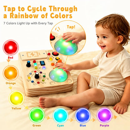 Toddler Busy Board ,Montessori Toy with Tap Light ,6.9"x5.9" Wooden Busy Board with LED Traffic Light for Kids , Travel Sensory Toys for 1+ Year Old baby Christmas/Birthday Gift(Battery Not Included)