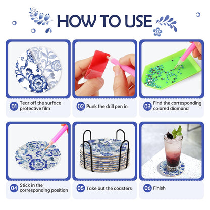 INCOK Blue Flower Diamond Art Coasters - 8 Pcs Diamond Painting Coasters Kits with Cork Base Home Table Decor DIY Crafts Party Supplies Mother's Day Birthday Gift for Adult Beginners