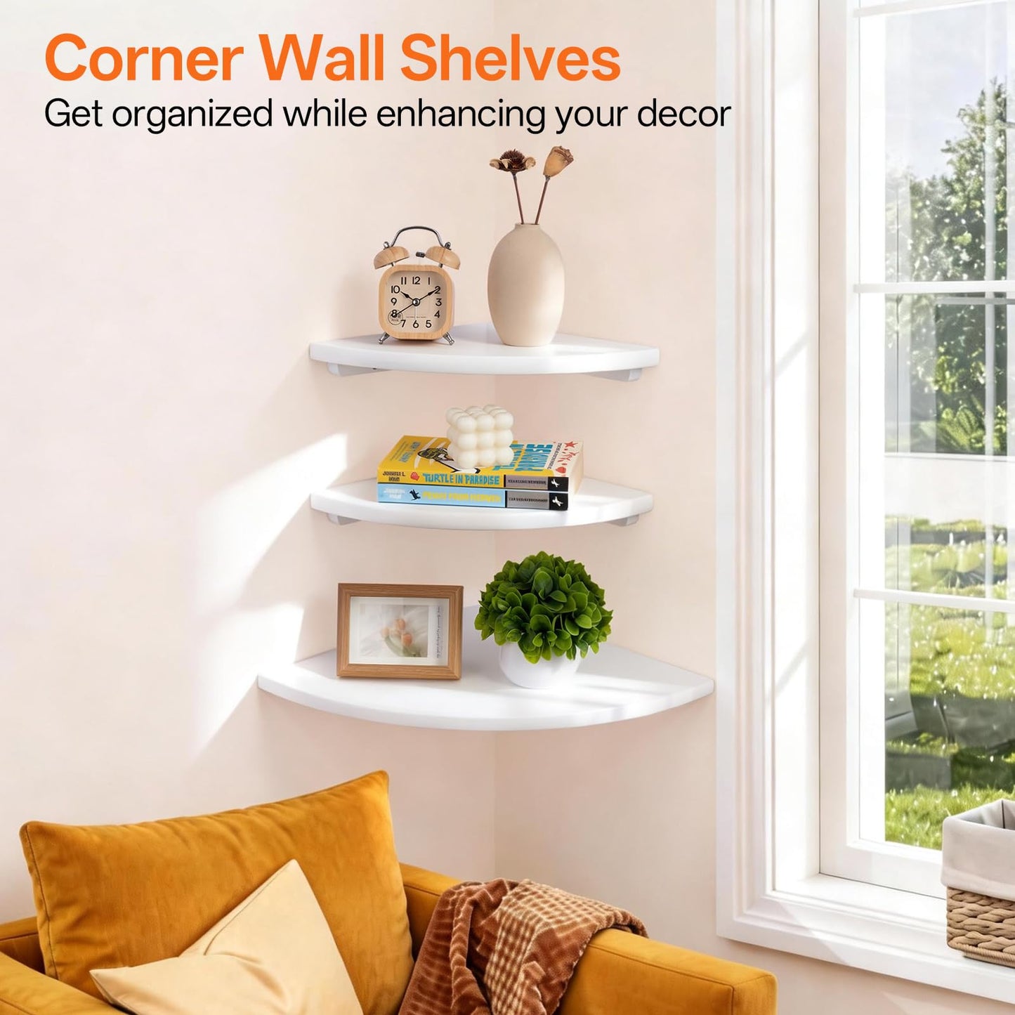 Gieanoo Floating Corner Shelves Set 2 7inch White Solid Oak Rounded Corner Shelves Wall Mounted with Cable Hole Wood Corner Hanging Shelves for Living Room Bedroom Bathroom Kitchen