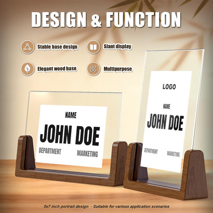 Walnut Wood U-Base 5"x7"Sign Holder Set – Premium U-Shaped Tabletop Display Stand with Clear Acrylic Panels,4Pack (3 Vertical + 1 Horizontal)5*7inches – Ideal for Photo, Menu, QR Code, Café, Home Décor