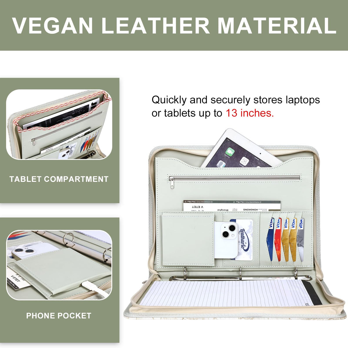 Leathario Portfolio Binder, Includes 5 Folder Index Dividers and 3 Notepads, 3-Ring Folder Organizer, Padfolio with Zipper, Vegan Leather Tablet Sleeve, Business Office Conference Clipboards
